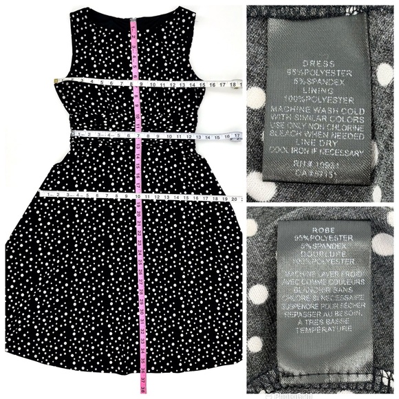 Petite Black with White Polka Dots Sleeveless Ruched Waist Dress, Small - Picture 16 of 16